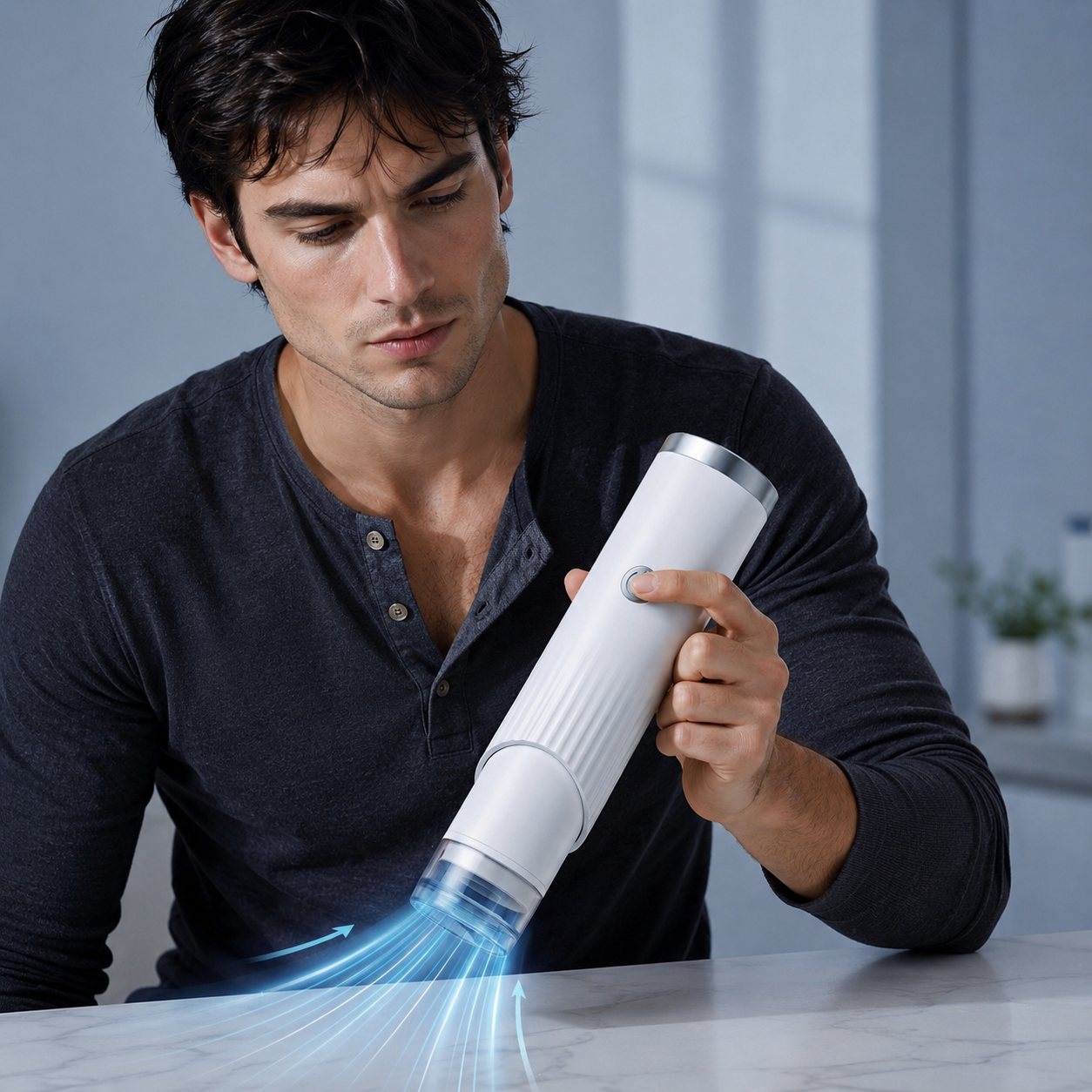 Man pressing the HELIOS handheld vacuum sealer, air being drawn in