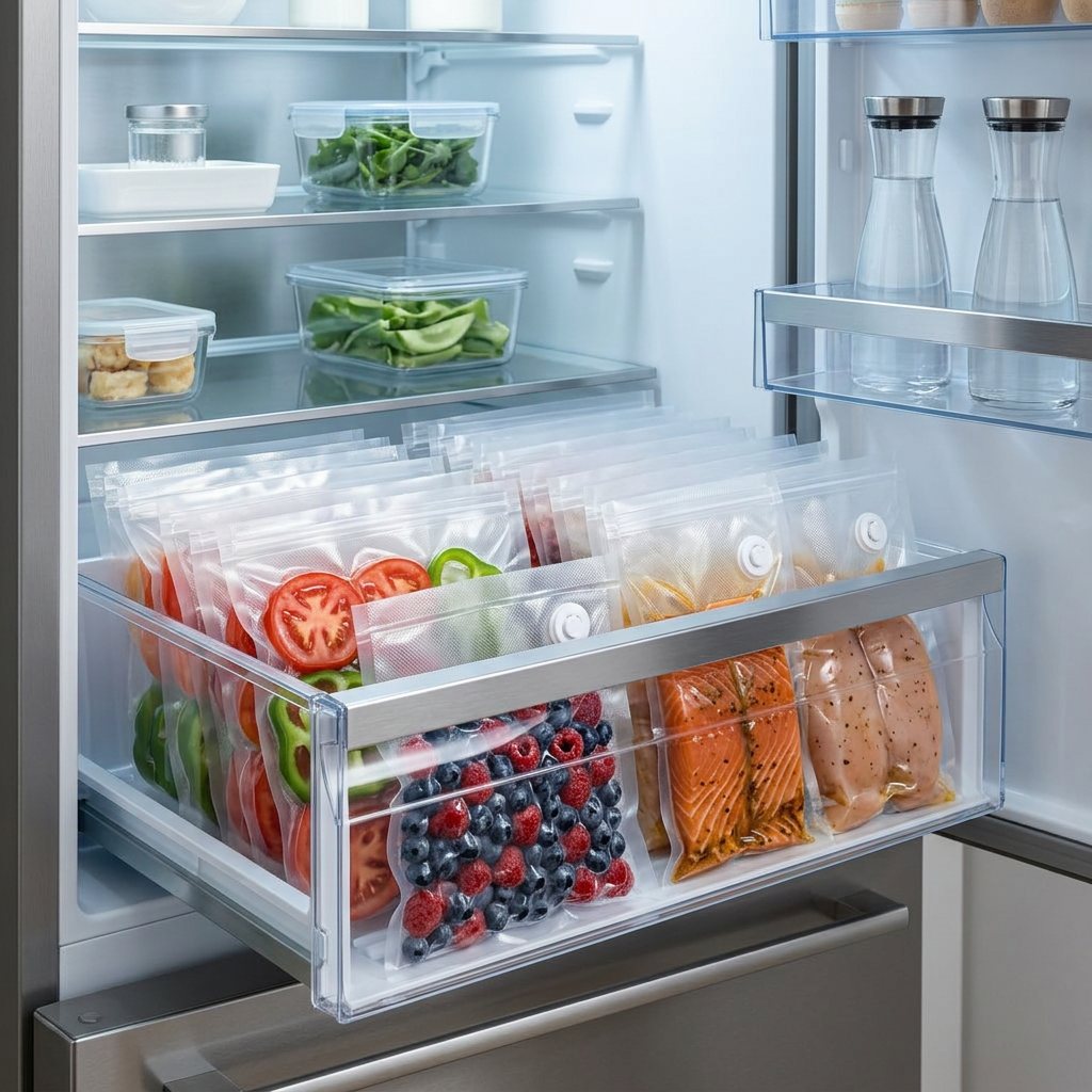 Vacuum-sealed flat valve bags with vegetables, berries and portions stacked neatly in a fridge drawer