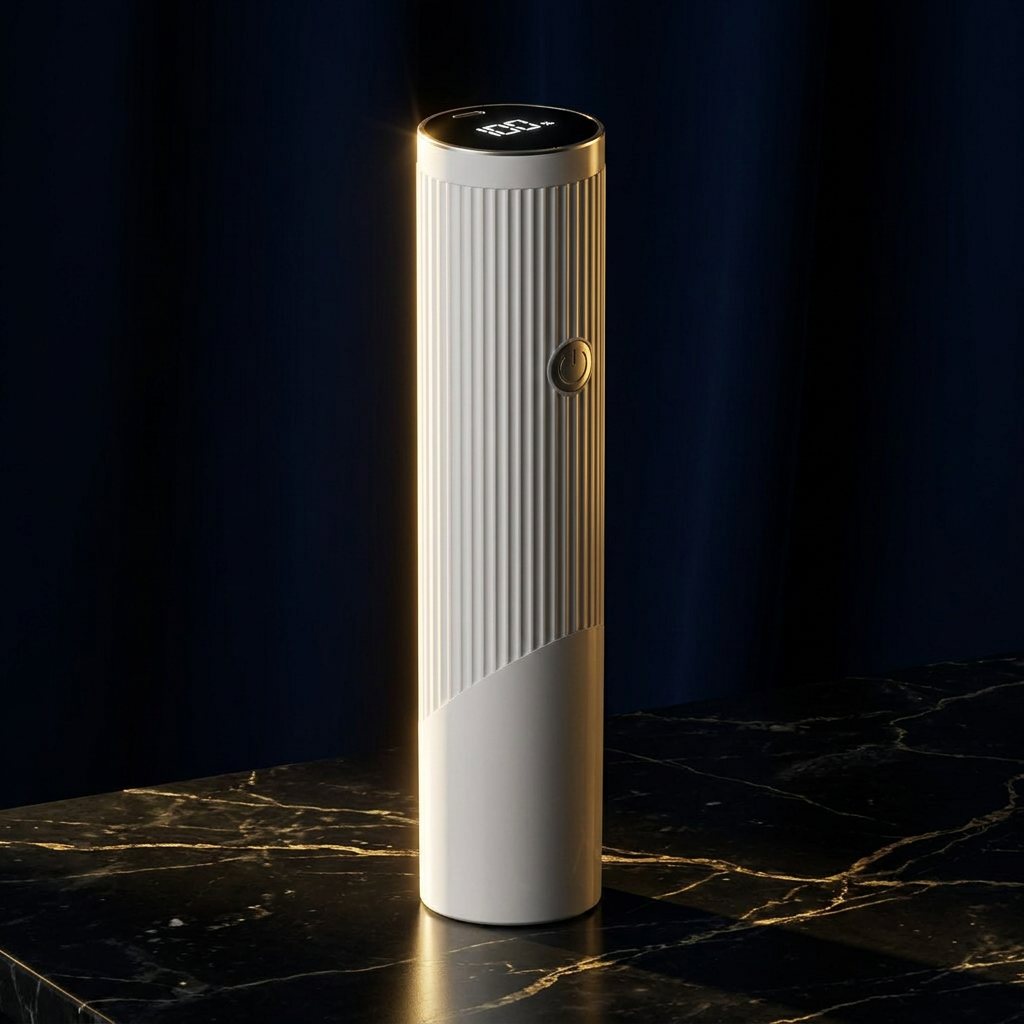 HELIOS handheld vacuum sealer standing on black marble with gold veining under warm golden light
