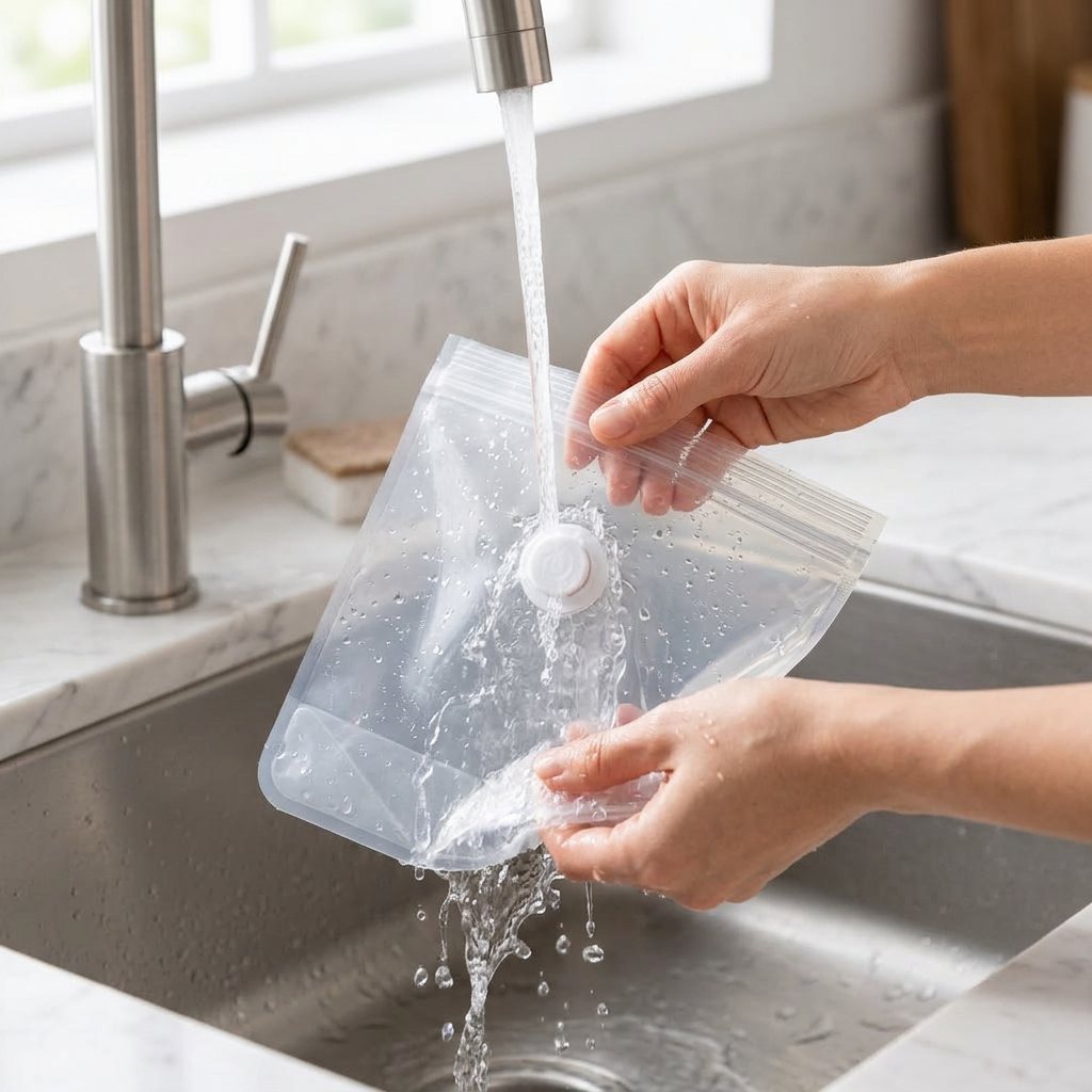 Hands rinsing a reusable HELIOS valve bag under running water at a kitchen sink